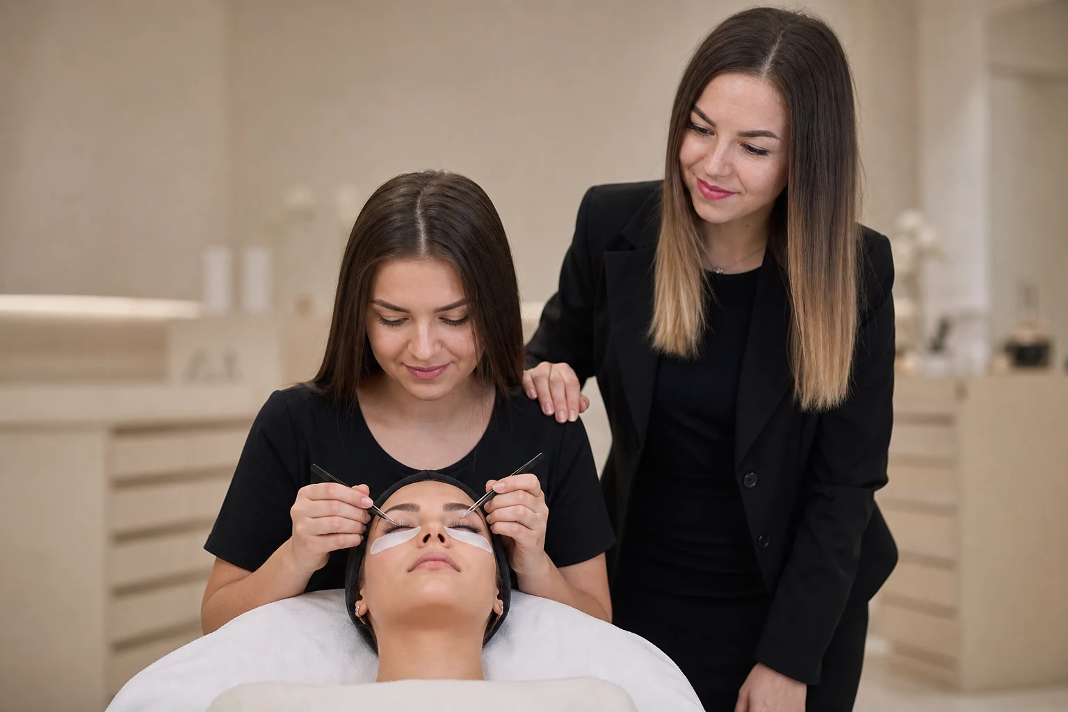 Oktató, tanuló és modell a Beauty's Secret műszempilla képzésen